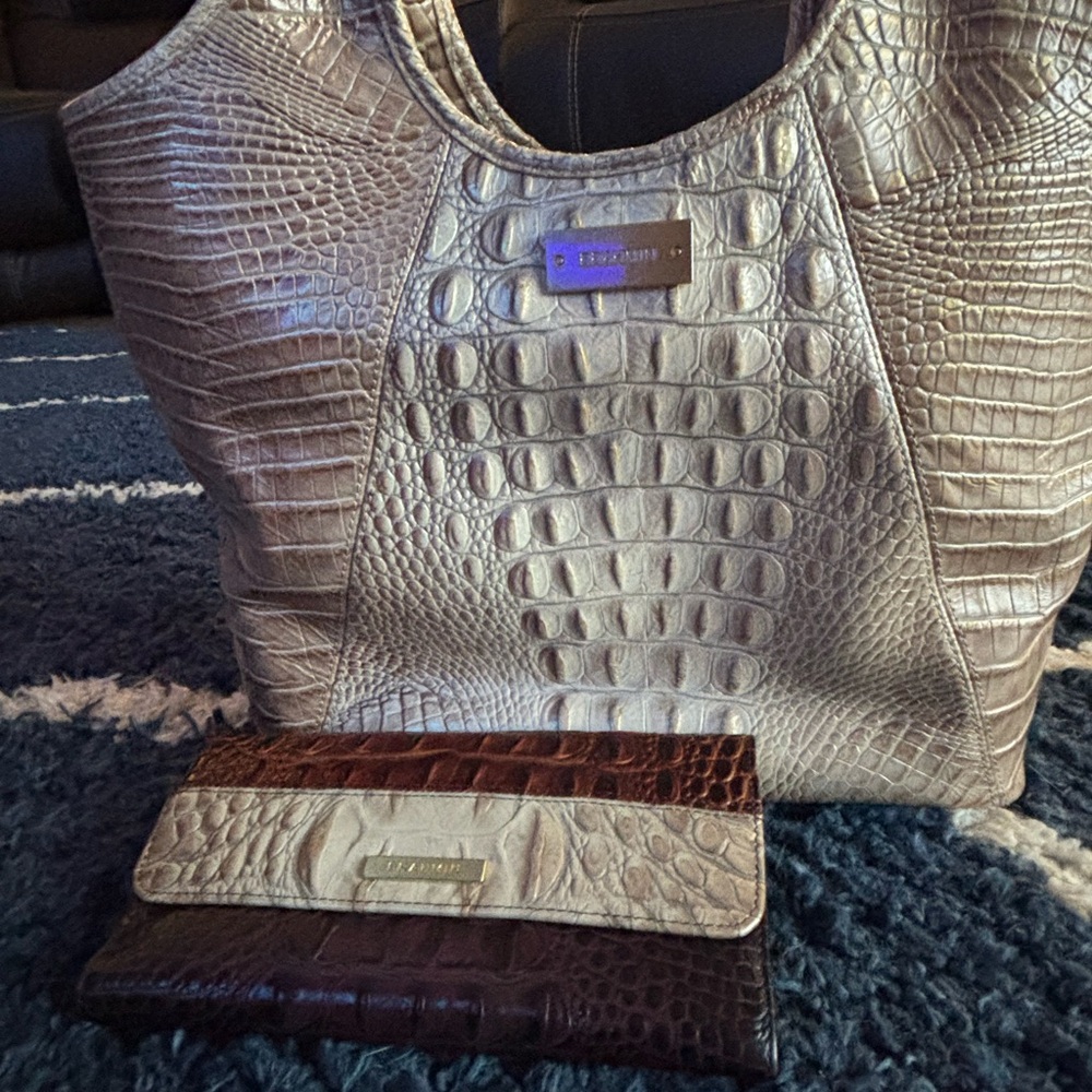 Brahmin Metallic Silver and Rich Brown Tote Set